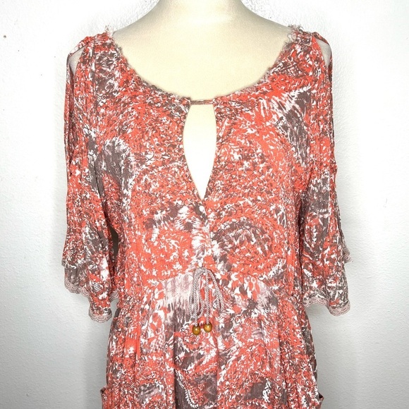 FREE PEOPLE Love Birds Mini Dress Paisley Cold Shoulder Orange Boho Size Medium - Picture 5 of 16